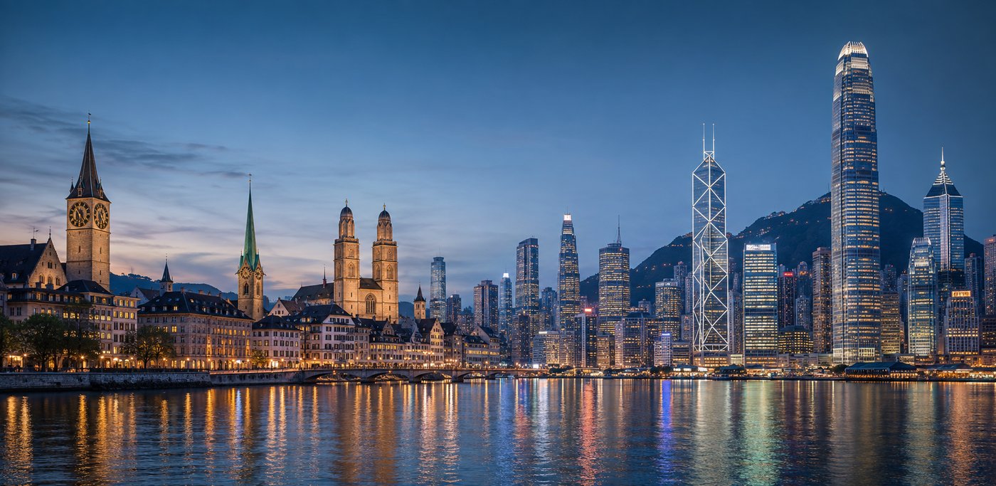 Zurich's old town and the Hong Kong skyline merged into a single waterfront.